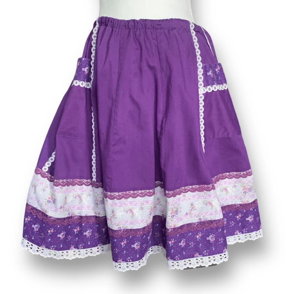 Vintage Purple Flowing‎ Midi Skirt Cottagecore Floral Lace Trim Western Boho